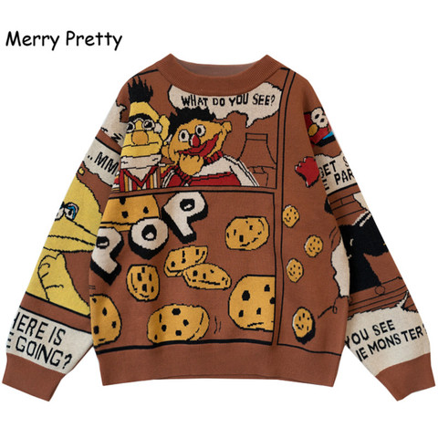 Merry Pretty  Winter Thick Warm Sweater Women Funny Cartoon Letter Printed Jacquard Pullovers Sweaters Knit Drop Shouder Jumpers ► Photo 1/6