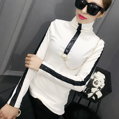 2022 Winter Long Sleeve Turtleneck PU Leather Patchwork Cotton T-shirts Women European Chain Cotton Pullovers Chain Cotton Tops ► Photo 1/5