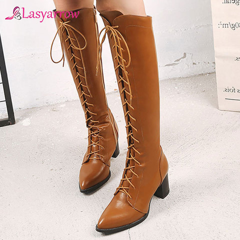 Lasyarrow Women Motorcycle Boots Pointed Toe Chunky Heel Riding Boots Shoes Female Lace Up Knee High Boots Black Brown Size 48 ► Photo 1/6