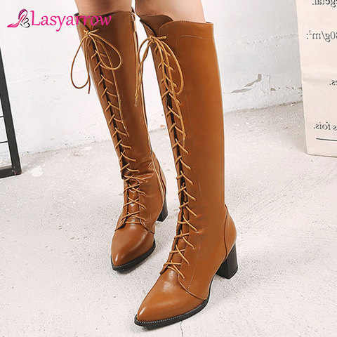 Lasyarrow Women Motorcycle Boots Pointed Toe Chunky Heel Riding Boots Shoes Female Lace Up Knee High Boots Black Brown Size 48 ► Photo 1/6
