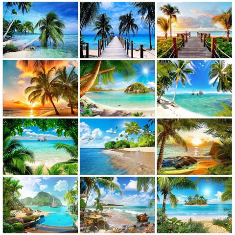 Huacan 5d Diamond Painting Square Sea Landscape Living Room Wall Decoration Mosaic Coconut Tree Scenery Diamond Art ► Photo 1/6