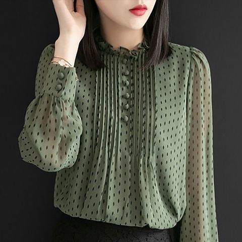 Women Spring Autumn Style Chiffon Blouses Shirts Lady Casual Long Sleeve O-Neck Polka Dot Printed Chiffon Blusas Tops DD8879 ► Photo 1/5