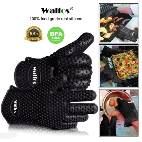 WALFOS 2 Piece Food Grade Heat Resistant Silicone Kitchen Barbecue Oven Glove Cooking BBQ Grill Glove Oven Mitt Baking Glove ► Photo 1/5