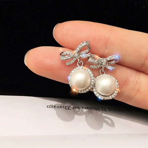 Crystal Pearl Dangle Earrings For Women Simple Bow Small Earring Fashion Ear Jewelry Wedding Gift Mujer Boucle D'oreille ► Photo 1/6