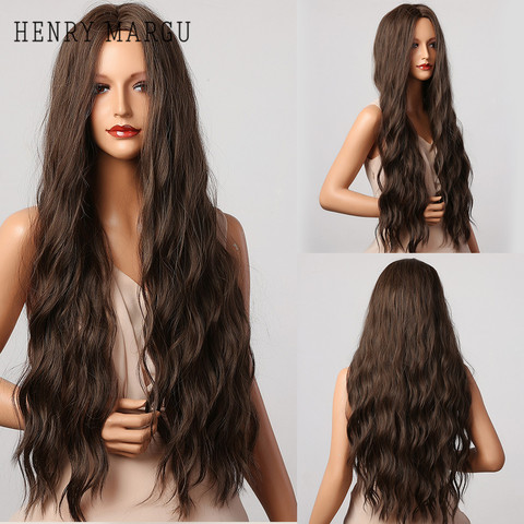 HENRY MARGU Dark Brown Wave Wigs Long Synthetic Wavy Natural Hair Temperature Wigs For Black/White Women Daily Cosplay Wigs ► Photo 1/6
