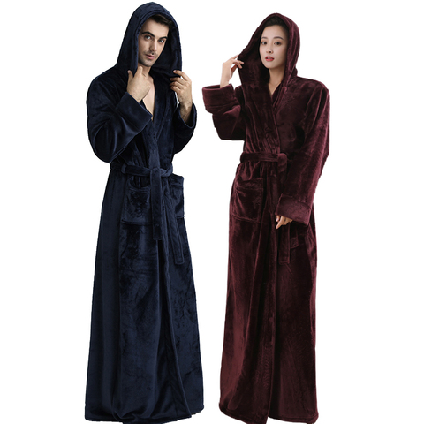 Men Women Hooded Plus Size Extra Long Warm Bathrobe Winter Thickening Flannel Thermal Bath Robe Male Robes Mens Dressing Gown ► Photo 1/6