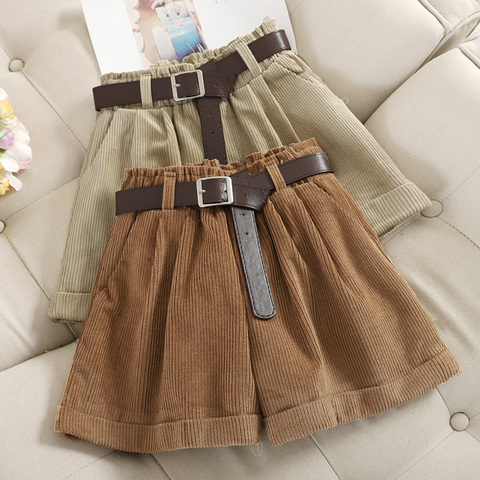 Corduroy Rolled Wide-leg Short For Women Korean Retro Elastic Waist Loose Casual Short Pants With Belt Loose A line Shorts Femme ► Photo 1/6