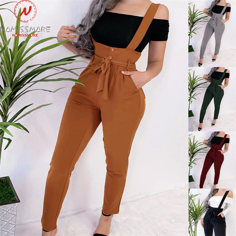 Women Streetwear Long Pants Bandage Design Button Pockets Decor High Waist Pencil Pants Lady Slim Hips Shoulder Straps Trousers ► Photo 1/6