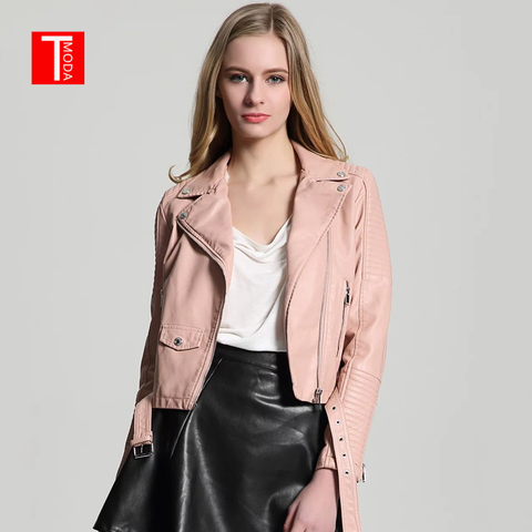 TMODA269 2022 New Autumn Witner Women Motorcycle Faux PU Leather Pink Jackets Lady Biker Outerwear Coat With Velvet inside ► Photo 1/1