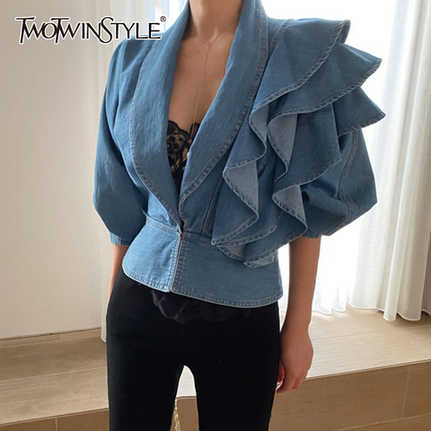 TWOTWINSTYLE Patchwork Ruffle Tunic Shirt For Women V Neck Half Sleeve Denim Blouse Female 2022 Fashion New Clothing Autumn Tide ► Photo 1/1