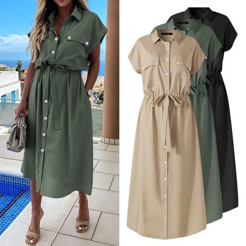 Elegant Dress Celmia Women Summer Lapel Short Sleeve Midi Sundress Plus Size Casual Loose Buttons High Waist Work Vestidos Robe ► Photo 1/6