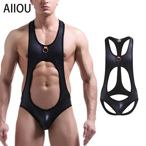 AIIOU Mens Singlet Underwear Bodysuit Spandex Faux Leather Sexy Gay Sissy T-back Shirt Singlet Wrestling Fetish Mens Costume ► Photo 1/6