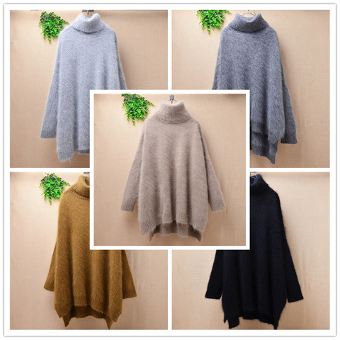 Ladies women loose oversized mink cashmere knitted plus size long sleeves angora rabbit fur turtleneck pullover jumpers sweaters ► Photo 1/6