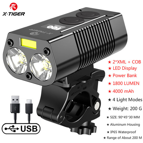 X-TIGER 4000mAh Bicycle Light 1800 Lumens MTB Cycling Front Flashlight Power Display Mountain Bike Light USB Rechargeable Led ► Photo 1/6