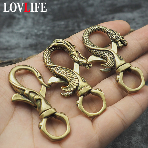 Retro Copper Dragon Phoenix Couple Keychain DIY Car Key Holder Brass Elephant Nose Keyring Belt Buckle Waist Hanging Key Rings ► Photo 1/6