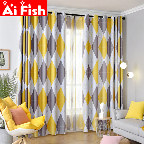 Grey/Yellow Diamond Printed Curtain Simple Nordic Style Living Room Bedroom Warm Wild Thick Thick Blackout Curtain X044-4 ► Photo 1/6