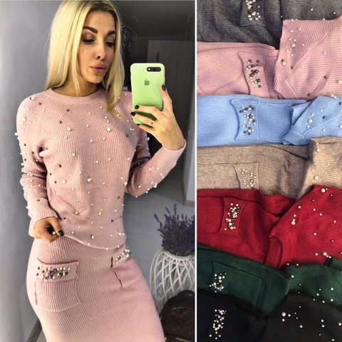 Autumn Winter Keep Warm Two Piece Sets Long Sleeve Pearls Sweater Pockets Skirts Set Women Knitted Beading Spliced Casual Suit ► Photo 1/6