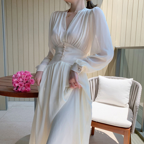 Pearls Buttons Spring Summer Dress Women V-Neck Lantern Sleeve Chiffon Dress A-line Long Midi Dress High Waist White Korean B363 ► Photo 1/6