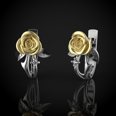 CHARLINLIOL Fashion Elegant Rose Flower Stud Earrings for Women Elegant Two Tone 925 Sterling Silver Ear Stud Valentine Day Gift ► Photo 1/2