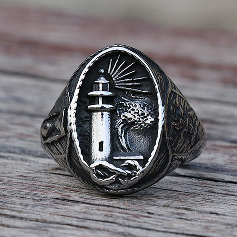 Vintage Gothic Nautical Lighthouse Ring Viking Men's Stainless Steel Nautical Amulet Signet Ring Nordic Peace Talisman Jewelry ► Photo 1/6