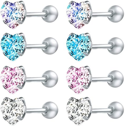 ZS Wholesale 2022 Stainless Steel Earrings Studs 8pcs Cubic Zirconia Surgical Steel Earring Studs Set For Women Helix Piercing ► Photo 1/6