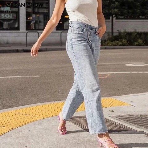 2022 Vintage High Cross Waist Mom Jeans Retro Ripped Jeans for Women Boyfriend Denim Pants High Street Long Trousers blue black ► Photo 1/6