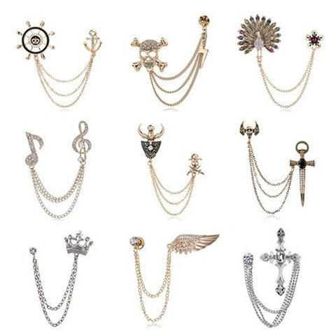 British Style Crown Angle Wings Tassel Chain Brooch Vintage Badge Cross Suit Lapel Pin Corsage Men Accessories Jewelry Luxury ► Photo 1/6