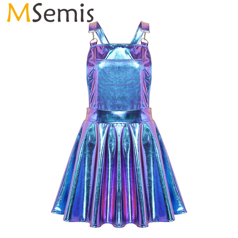 Women Shiny Metallic Holographic Dress Rave Festival Clothes Costumes Night Club Singer Dancewear Braces Mini Suspender Dresses ► Photo 1/6