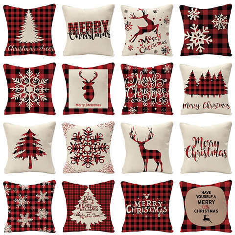 Linen Red Scottish Plaid Christmas Cushions Case Reindeer Trees Snowflakes Print Christmas Decorative Pillows for Sofa Couch Bed ► Photo 1/6