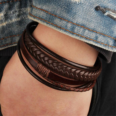 2022 Luxury Classic Genuine Leather Bracelet For Men Hand Charm Jewelry Multilayer Magnet Handmade Gift For Cool Boys ► Photo 1/6