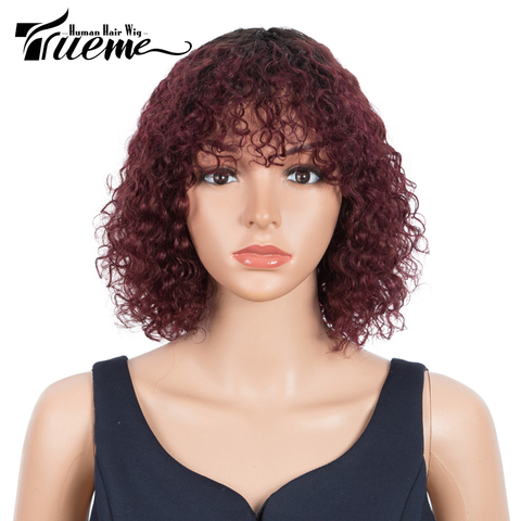 Trueme Short Wig With Bangs Kinky Curly Human Hair Bob Wigs For Women Fashion Curly Full Wig Remy Ombre 99J Brown Color ► Photo 1/6