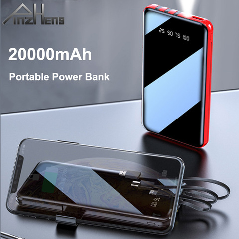 PINZHENG 20000mAh Portable Power Bank Full Screen Built-in 3 Cables Powerbank For iPhone Xiaomi Fast Charging External Battery ► Photo 1/6