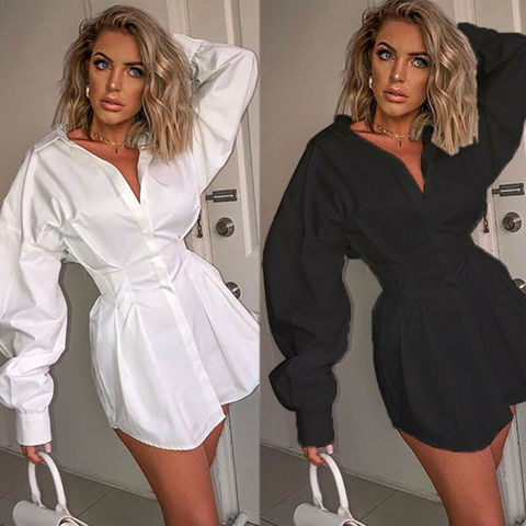 Women Long Sleeve Office Lady Women Deep v Femal Ladies Shirt Mani Dress Casual Flared Swing Skater Dress Beach Dress Elegant ► Photo 1/6