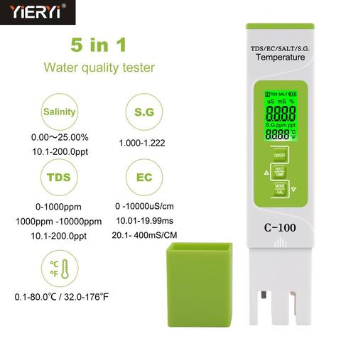 Yieryi 5 in 1 TDS/EC/Salinity/S.G./Temperature Meter Digital Water Quality Tester for household, Pools, Drinking Water, Aquarium ► Photo 1/6