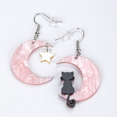 Lovely Irregular Gold Black Cat Sit On the Half Moon Acrylic Dangle Earrings For Women Girls Fashion Golden Stars Drop Earrings ► Photo 1/6