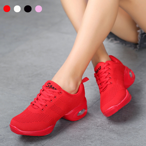 Women's Breathable Air Mesh Square Dance Shoes Jazz Shoes Girls Red White Black Air Cushion Soft Bottom Dance Sneakers ► Photo 1/6