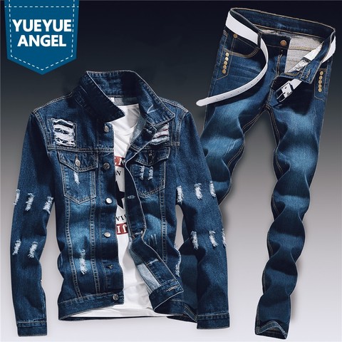 Spring Mens Denim Two Piece Set Hole Ripped Slim Fit Jacket Jeans Sets Male Casual Vintage Ropa Hombre Cargo Suit Streetwear ► Photo 1/6