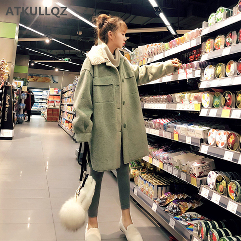 Avocado green woolen lamb fur coat female autumn and winter 2022 new imitation velvet long section loose lapel thick woolen coat ► Photo 1/6