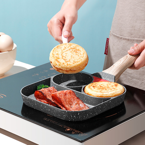 Egg Cooker Pan Divided Grill Frying Pan Cookware 4 Holes Section Divided  Skillet Pancake Pan Omelet Pan for Cooking Baking Black