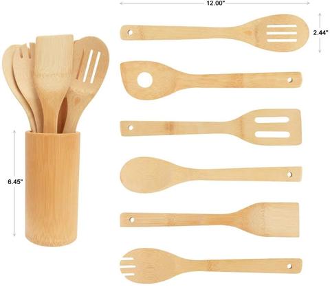 6-Piece Bamboo Kitchen Utensil Set Wooden Cooking Tools Spatula Spoon Nonstick Cookware Mixing Forked and Slotted Spoons ► Photo 1/6