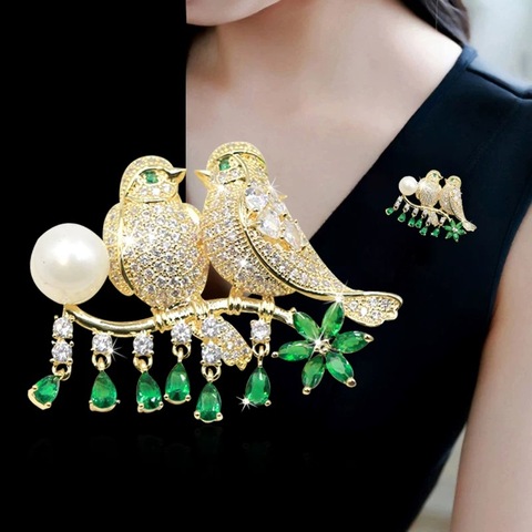 Unique Lovebirds Brooches for Women AAA Cubic Zircon Micro Paved Bird Scarves Buckle Brooch Pin Animal Jewelry Christmas Gift ► Photo 1/6