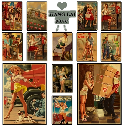 tableau mural Classic Vintage World War II Sexy Pin Up Girl  Paper Poster Wall Painting For Living Room Home coffee bar ► Photo 1/6