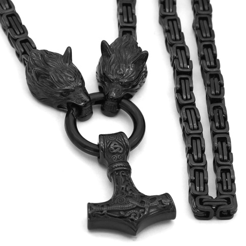 Men stainless steel Wolf head norse viking amulet thor hammer pendant necklace viking king chain ► Photo 1/6