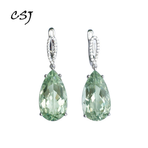 CSJ Fashion Natural Genuine Green Amethyst Pear Drop Earring 925 Sterling Silver Women and Lady Wedding Engagment Party Gift box ► Photo 1/6