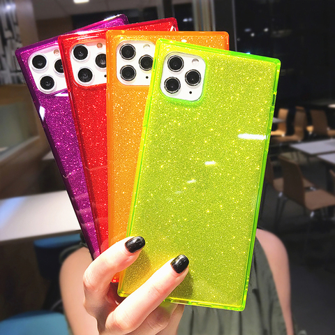 Square Fluorescent Color Glitter Phone Case For iPhone 11 Pro Max X XS XR 12 Mini 7 8 Plus 6s SE 2022 Transparent Soft TPU Cover ► Photo 1/6