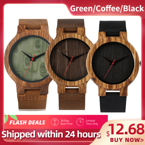 2022 Top Gift Black/Coffee/Green Dial Natural Bamboo Wood Watch Men Women Genuine Leather Wooden Clock Male hour Reloj de madera ► Photo 1/6