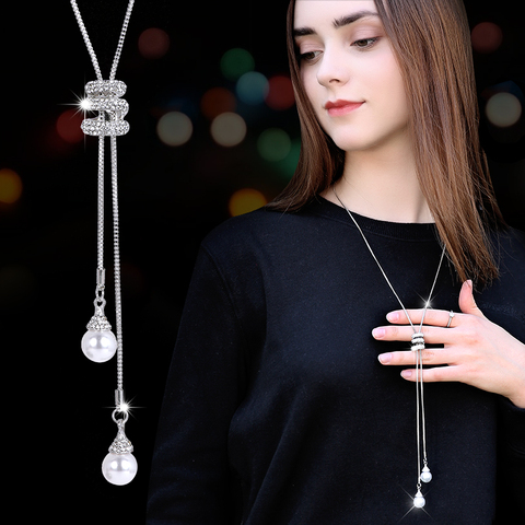 Simulated Pearl Snake Crystal Long Sweater Chain Necklace Vintage Accessary Crystal CollaresStatement Necklace ► Photo 1/6
