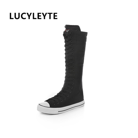 2017 new fashion 3Colors women's canvas boots lace zipper knee high boots boots flat shoes casual high help punk shoes girls ► Photo 1/6