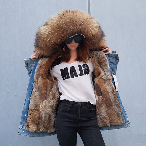 2022 new ripped denim pie overcoming rabbit fur grass liner fox fur collar coat female winter ► Photo 1/6