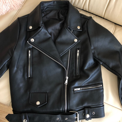 Ailegogo New Women Spring Autumn Black Faux Leather Jackets Zipper Basic Coat Turn-down Collar Motor Biker Jacket With Belt ► Photo 1/6